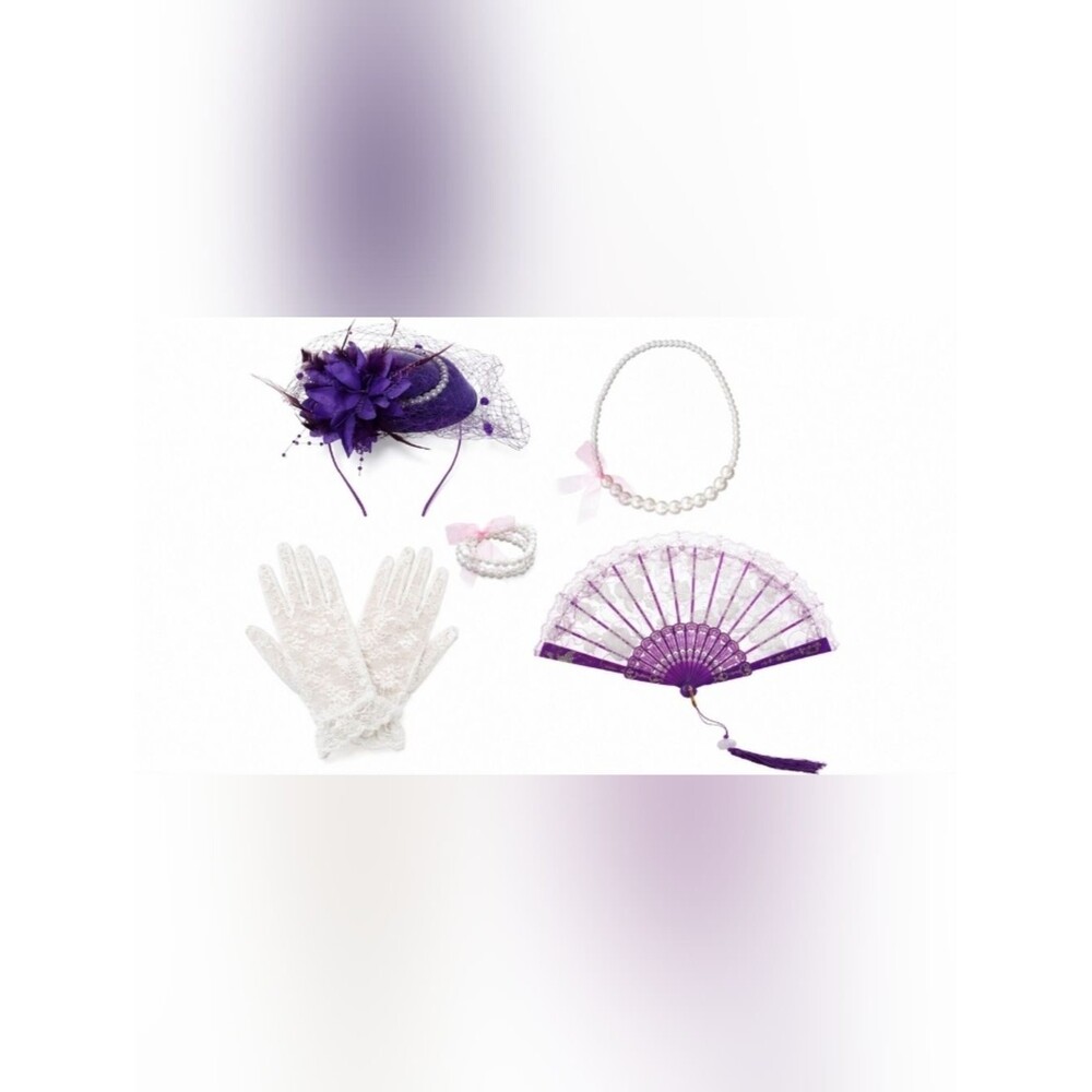 Purple Hat & White Lace Gloves Accessories 5 Piece Set NWT - Picture 2 of 3